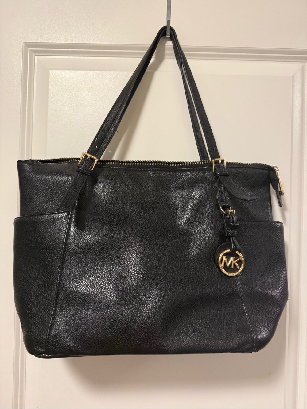 MICHAEL Michael Kors Black Leather Shoulder Tote with Gold MK Charm